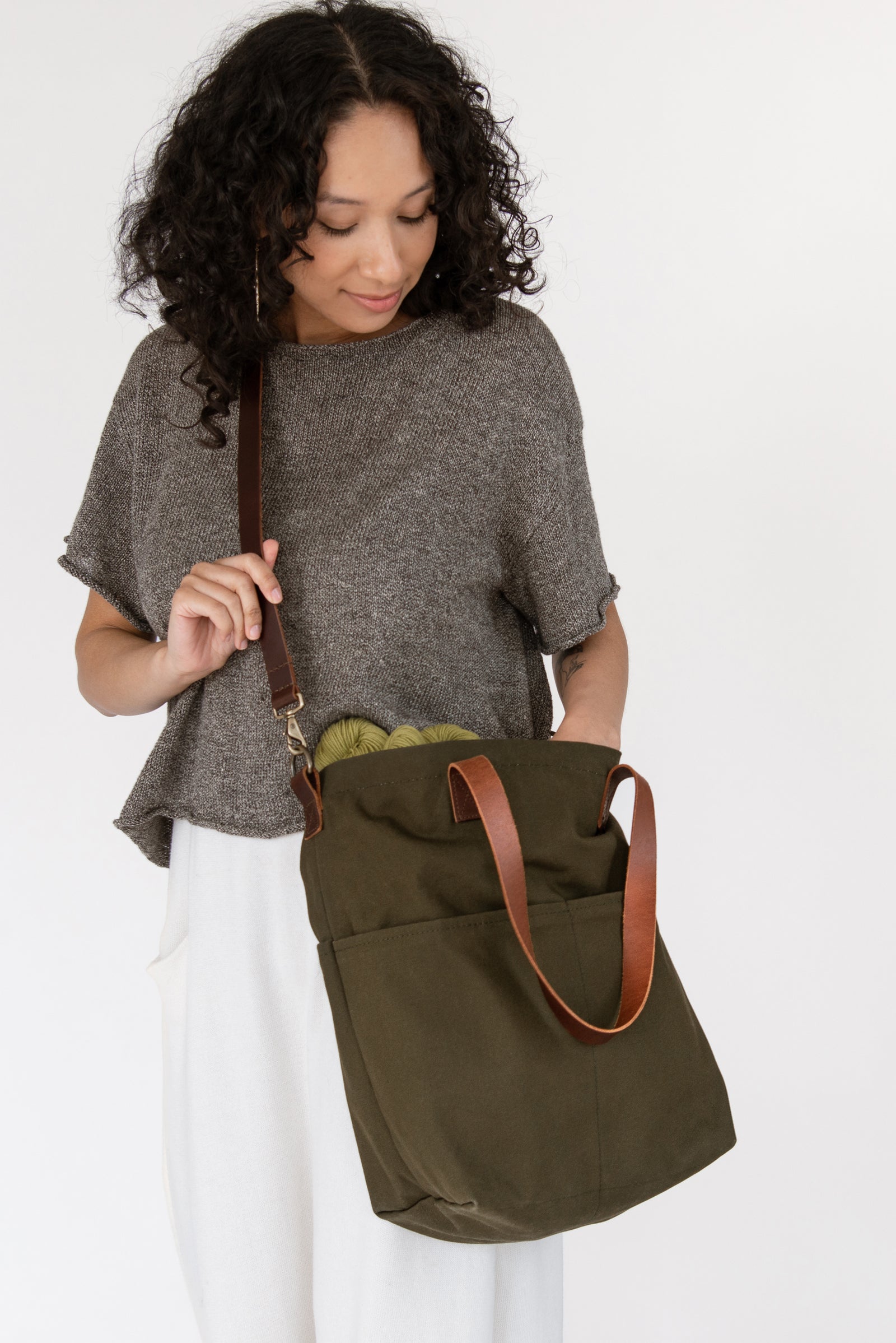 Twig & Horn Brown Canvas Drawstring Backpack Leather Accents USA Made OS Twig & Horn Canvas Crossbody Project Tote – Quince & Co main image 2