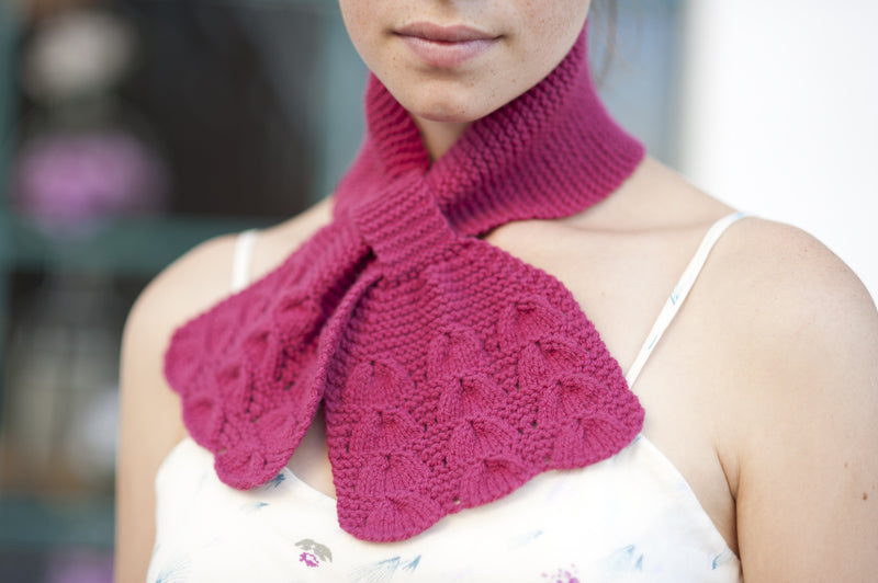 hand knit pink ascot close up